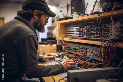 Sound engineers fine-tuning audio equipment, with room for sound design explanations