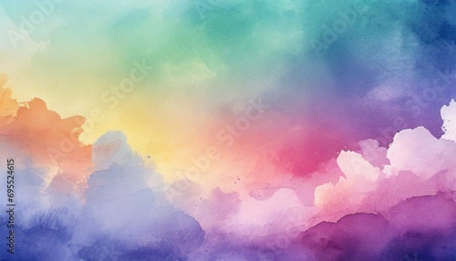colorful watercolor background of abstract sunset sky with puffy clouds in bright rainbow colors of pink green blue yellow and purple abstract painting banner for web and composition