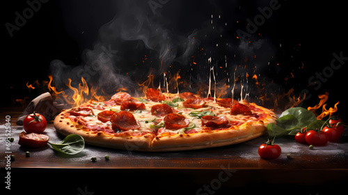 Fresh pizza pepperoni margarita out of the oven with ingredients and spices hot ready to serve and eat food commercial advertisement menu banner with copy space area - Generated by Generative AI