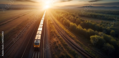 Aerial view of a freight train passing through the forest at sunset.
