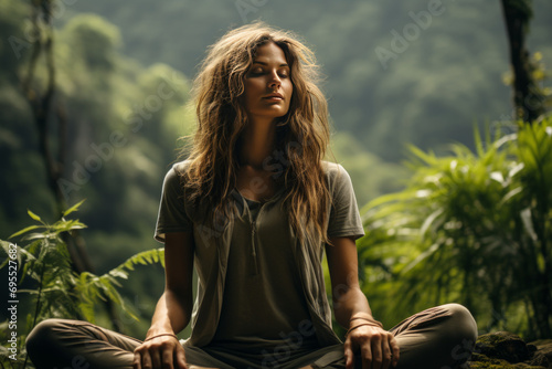 Young woman practicing breathing yoga pranayama outdoors in moss forest on background of waterfall. Unity with nature concept. Serene Summit - Young Woman Meditating .portrait of a woman