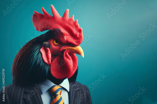 Portrait of a angry Rooster wear business suit isolated on color bright background. ai generative