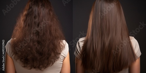 Woman's hair damaged by heat, before and after keratin treatment in studio.