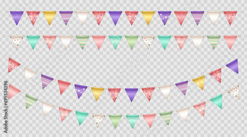 Set of 4 colorful buntings or party flags on string. Multicolored repeating hanging triangle carnival garlands on transparent background. Realistic various pennants for festival, fair, birthday