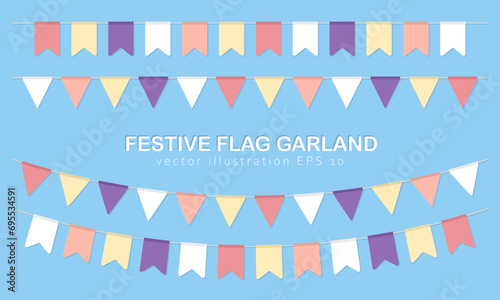 Collection of 4 flat cartoon party flags, bunting on blue background. Set of pastel multicolored pennants, seamless festive triangle garlands for birthday celebration, festival, carnival