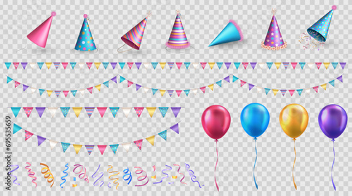 Set of 3d realistic party celebration elements - colorful party hats, carnival pennants or buntings, glossy balloons and multicolored streamers or ribbon serpentine isolated on transparent background