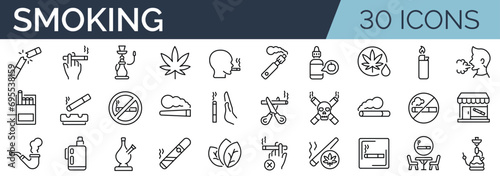 Set of 30 outline icons related to smoking. Linear icon collection. Editable stroke. Vector illustration