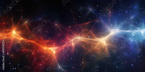 Generative AI, neuron cells with glowing background, knots in abstract dark space. Neural network 