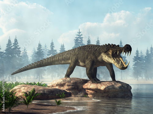 Kaprosuchus, known for its long tusks was a prehistoric creature, a cretaceous era cousin of crocodiles and alligators. 3D Rendering