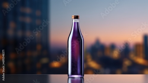A glass bottle of a soft drink on a table.