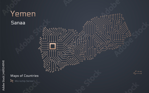 Yemen Map with a capital of Sanaa Shown in a Microchip Pattern with processor. E-government. SHOTLISTbanking. World Countries vector maps. Microchip Series 