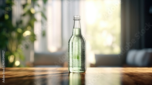 Bottle of beverage on a table.