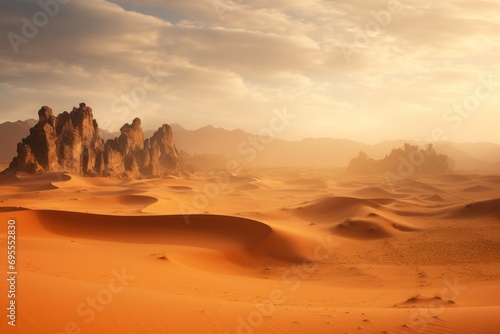  a desert landscape with rocks and sand in the foreground and a sky filled with clouds in the background with a sunbeam in the middle of the foreground.