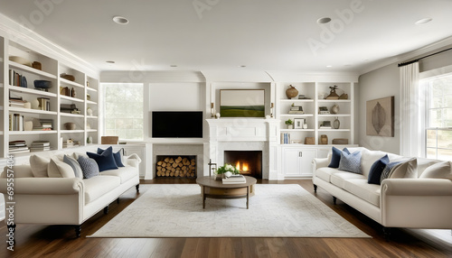 modern farmhouse living room with fireplace