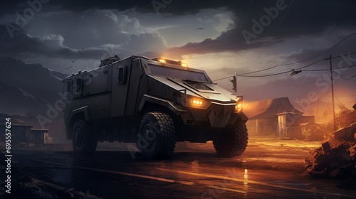 An armored vehicle stationed at a roadblock, its imposing presence highlighted by the stark contrast between its matte finish and the surrounding environment