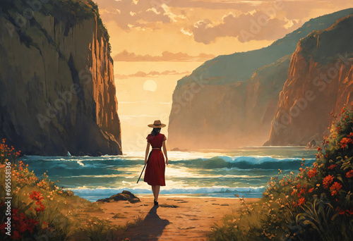 Beautiful illustration of characters next to a cliff and the sea