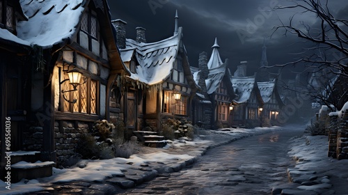 Old houses in a village at night in winter, panoramic view