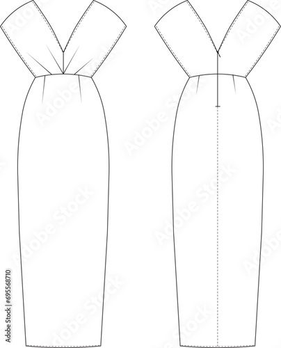 sleevelesss v neck long maxi midi pegged dress gown template technical drawing flat sketch cad mockup fashion woman design model style
