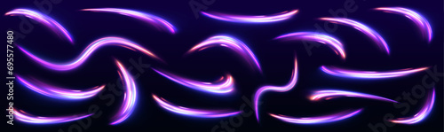 Neon stripes in the form of a sow road or a racing track. light road in the form of a swirl, neon color. Speed line with sports cars. Technology stream design illustration. 