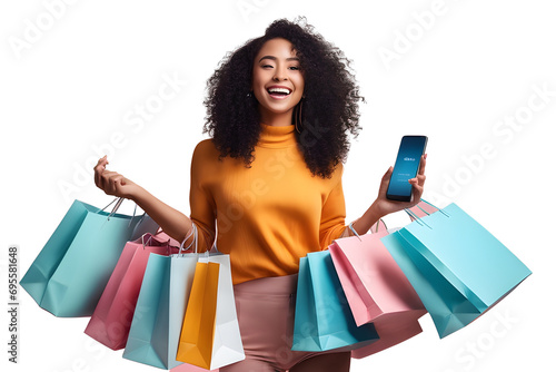 Positive smiling stylish pretty curly young black lady with smartphone and shopping bags in her hands, shopping online while season sale.