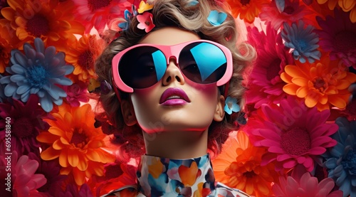 a young woman wearing sunglasses on top of flowers