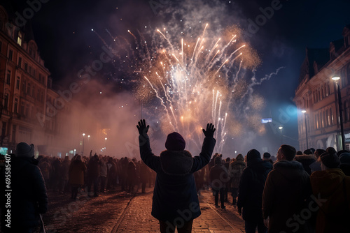 Crowd of people celebrating New Year eve and watching fireworks in European Old Town