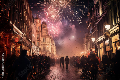 Crowd of people celebrating New Year eve and watching fireworks in European Old Town