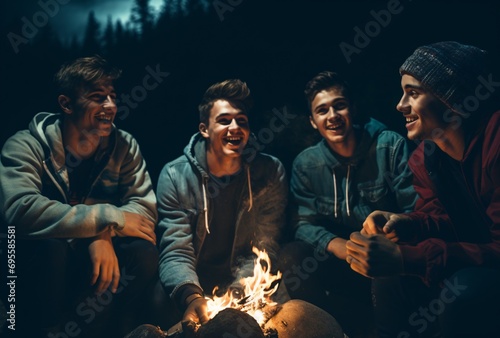 Four friends enjoying a camping trip together Generative AI