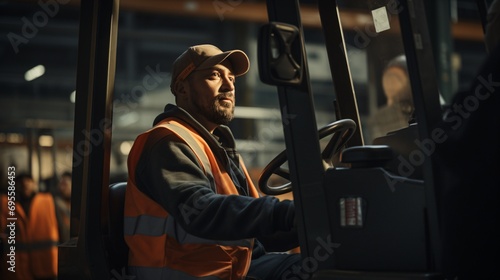 Man in an orange vest driving a forklift Generative AI