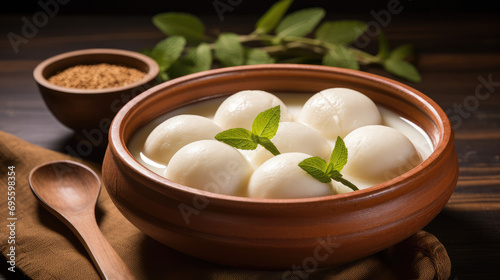 Close-up of a plate of Indian traditional sweet dessert rasgulla, bengali sweets. White Balls dumplings made of chhena dough cooked in a light sugar syrup.