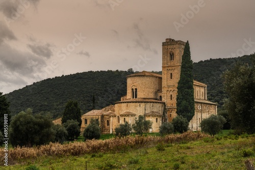 view of the Abbey of Sant'Antimo near Castelnuovo dell'Abate in Tuscany