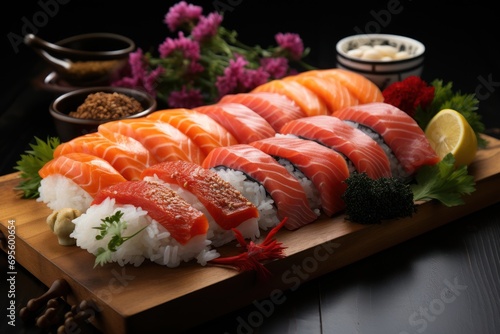  a close up of sushi on a cutting board with other sushi on the side of the board and a bowl of seasoning on the side of the plate.