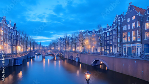 Night city view of amsterdam canal Generative Ai