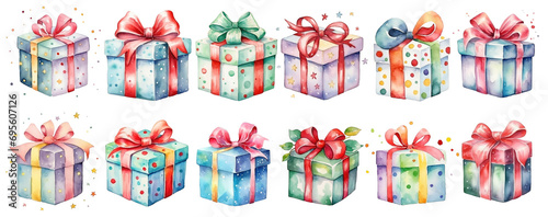 Set of colorful watercolor gift boxes with bows and ribbons on transparent background