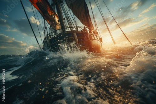 Sailing into the Sunset: A ship's bow cuts through ocean waves at dusk, symbolizing adventure and the call of the sea.
