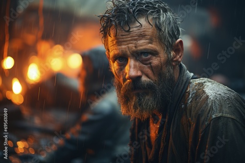 Solemn Survivor in Ruins: A bearded man's pensive stare amidst rain and fire captures survival and resilience in dire times.