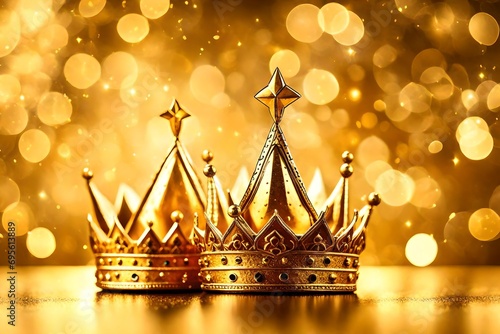 tres coronas doradas de los reyes magos de oriente sobre fondo bokeh dorado