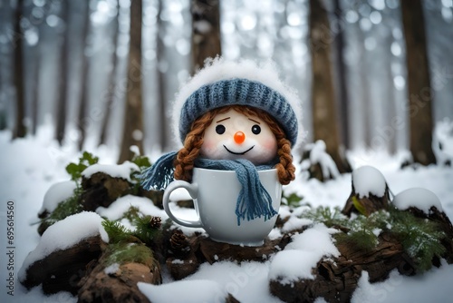 muñeco de nieve con bufanda y gorro de lana en el interior de una taza, sobre fondo de bosque nevado