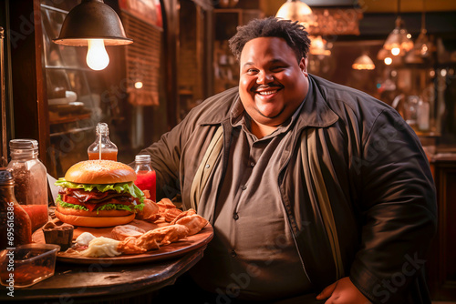 Very fat man with junk food in front of him