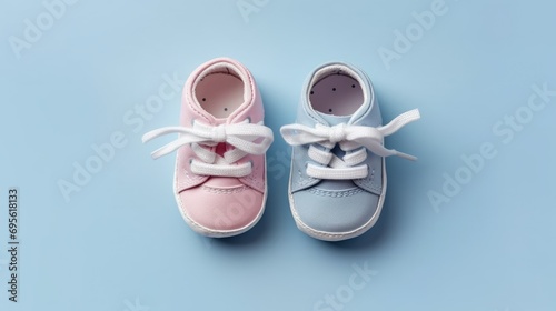 Pink and blue baby booties on a blue background top view. Gender reveal concept. Boy or girl