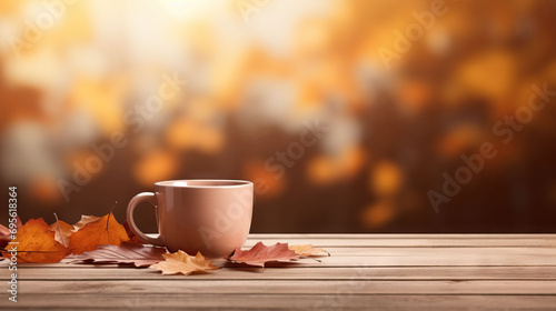 wooden tea cup on top of light brown wood table with autumn leaves frame shoot from front view with 