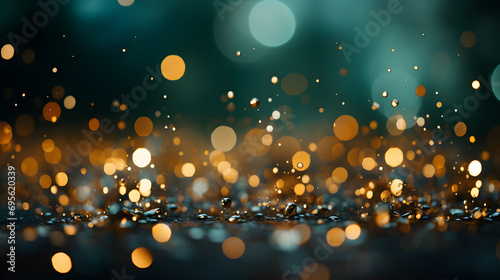 Abstract blur bokeh background. Gold bokeh on defocused emerald green background