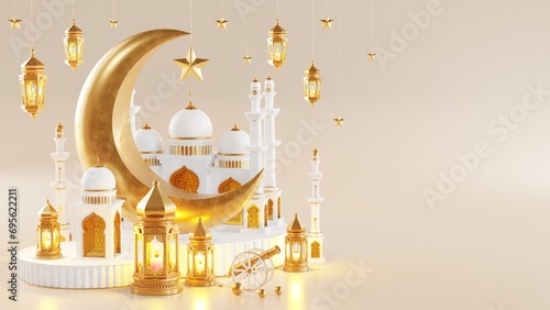 3d Ramadan Kareem with golden moon star and lantern, mosque door islamic pattern, arabic coffee pot, date palm fruit, podium as luxury islamic background. decoration for ramadan kareem, eid mubarak.