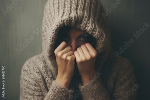 Lonely Woman Hiding Her Face Under Clothes. Concept of Depression, Emotional Distress and Loneliness in Adults