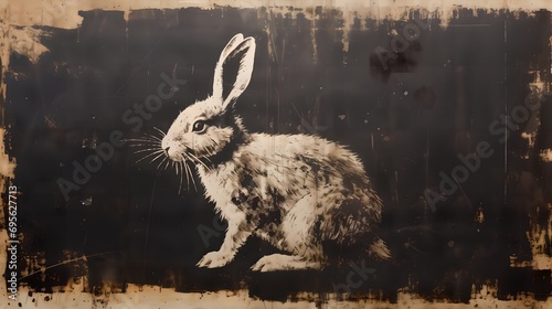 Chalk vintage drawing of sitting rabbit. Vintage, distressed, scratched black background with white chalk bunny. Card, banner.