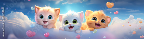 cartoon kittens characters friends together for children friendship and play time happy joy as wide banner or poster for daycare and kindergarten and kids bedroom