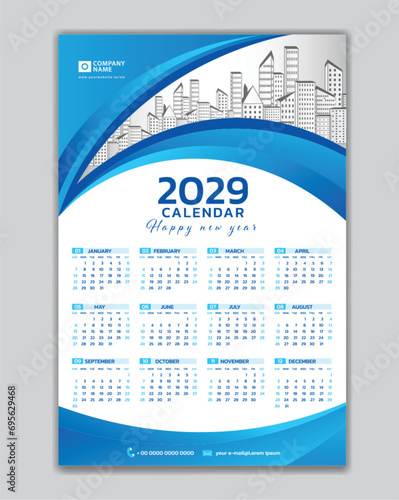 Wall calendar 2029 year blue template vector with Place for Photo and Logo. Week Starts on sunday. desk calendar 2029 design, Set of 12 Months, printing media, poster, calendar 2029 design