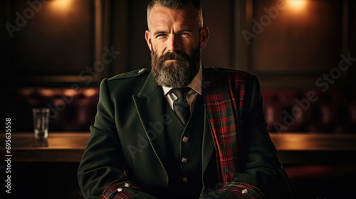 man proudly wearing a Scottish kilt, showcasing the details of the tartan pattern generative ai