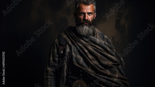 man proudly wearing a traditional Scottish Ghillie shirt and kilt generative ai