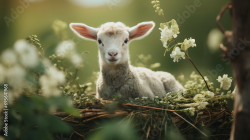 Portrait of cute white small sheep lamb in basket with white flowers in vintage retro effect style. Happy Easter and springtime concept.